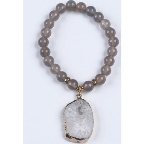 Wholesale grey agate stone crystal druzy pendant charm bracelet