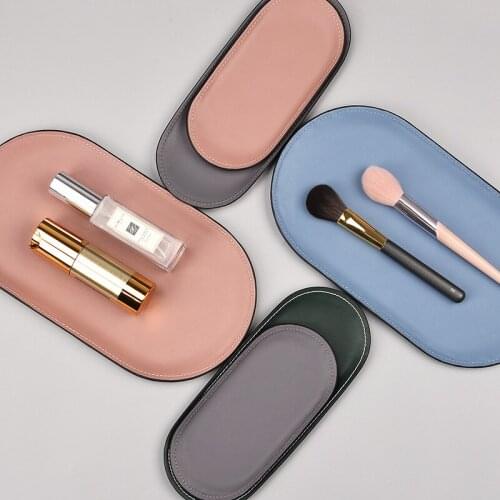 Stainless Steel Leather Round Storage Tray Luxury Decoration Accessories Vanity Cosmetics Jewelry Desktop Organizer Plate