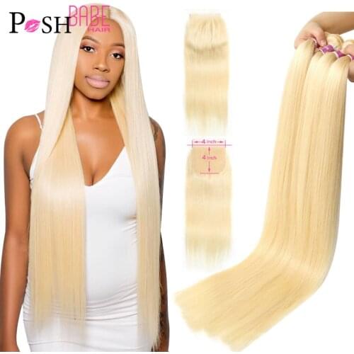 POSH BABE 4x4 Closure with 2 3 4 Bundle Weave 28 inch 613 Honey Blonde Colored Remy Brazilian Straight Hair Bundles with Closure