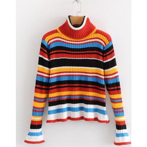 Womens Sweaters Turtleneck pullover Autumn Winter Color Striped Long Sleeve Casual Pullover Jumper Knitted Sweater Top Female