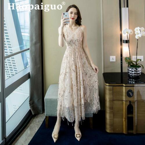 Backless Formal Evening Party Dress Women Sleeveless Big Swing Sequin Dress Women Vestido De Festa Longo Chiffon Dress Women