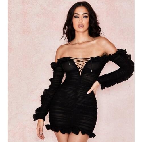 Sexy Off Shoulder Ruffle Dress Women See Through Vintage Bandage Dress Elegant Backless Party Night Club Dress