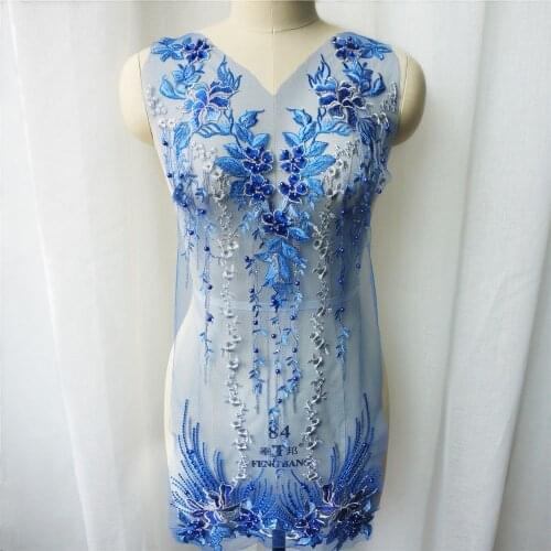 Blue Lace Fabric Flower Beads Rhinestone V Collar Embroidered Gown Appliques Mesh Sew Patch For Wedding Decoration Dress DIY