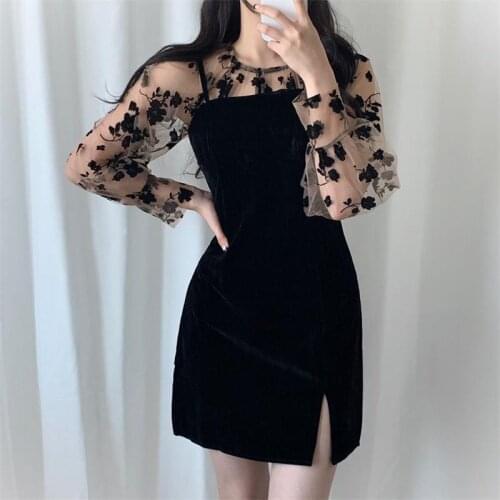 Fall Spring Woman' Korean Vintage Fashion Black Slim Two-piece Sets Sexy Mesh Stitching Strap Mini Dress Female Party Clothing