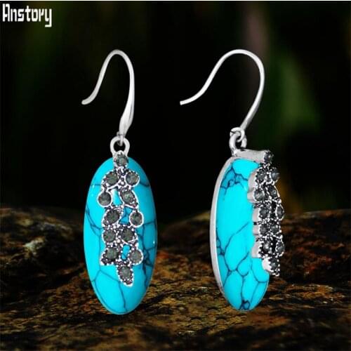 Vintage Eye Shape Synthetic Turquoises Earrings For Women Antqiue Silver Plated Crystal Plant Pendant Dange Fashion Earring