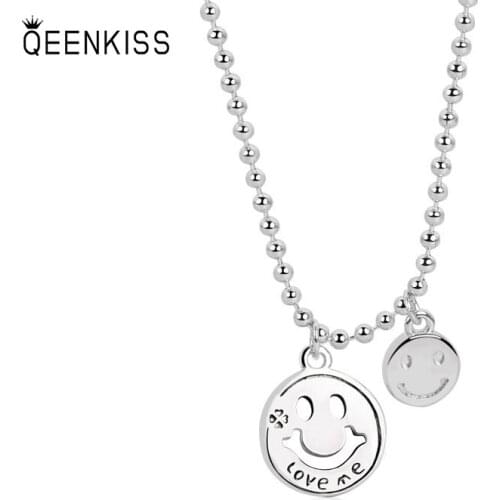 QUEENKISS NC664 Fion Jewelry Wholesale Fashion Lady Girl Birthday Wedding Simplicity Round Smiley 925 Silver Pendant Necklace