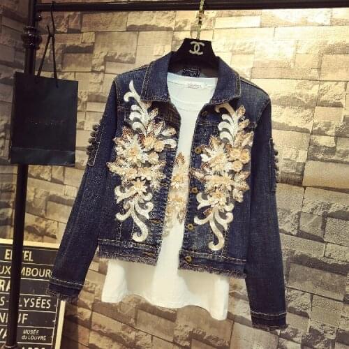 Nice Spring Autumn Womens Pop Fashion Denim Jacket Jeans Coat Girls Ladies 3D Flower Beaded Long-sleeved Short Coat Slim Coats