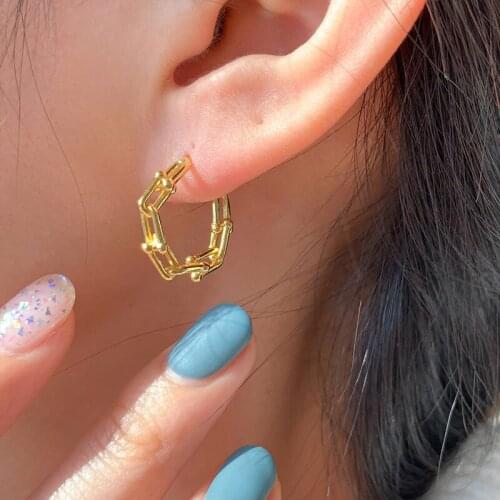 Rectangle Hoop Earrings S925 Sterling Silver or 18K Gold Delicate Womens Fashion Punk Chain Dangle Earrings