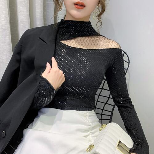 Women Tops T Shirt 2020 Sequin Sexy off shoulder one sleeve black elegant aesthetic club party autumn winter women T shirt