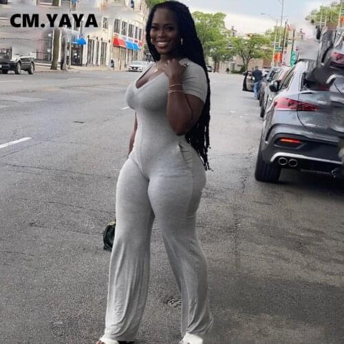 CM.YAYA Women Plus Size Jumpsuit Solid Short Sleeve V-neck Stretchy Pockets Long Flare Jumpsuits Casual Fashion Outfit Summer