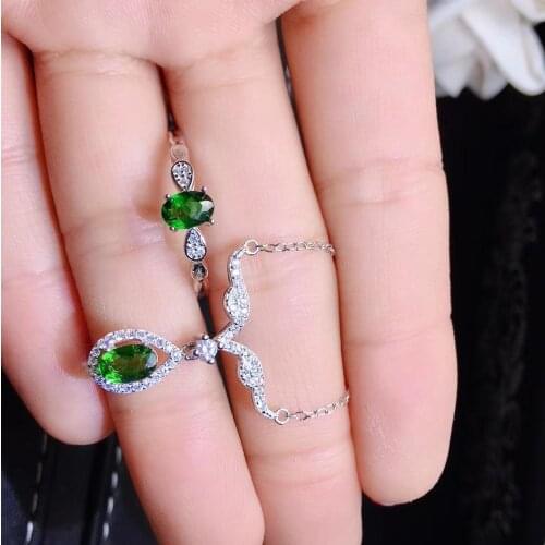 Natural green diopside ring Necklace Natural Gemstone Jewelry Set S925 Silver fashion water drop Dragonfly Women party jewelry