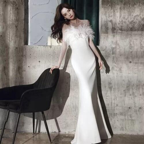 White Feathers O-Neck Evening Dress Simple Sleeveless Elegant Floor-length New Mermaid Plus size Women Formal Party Gown C783