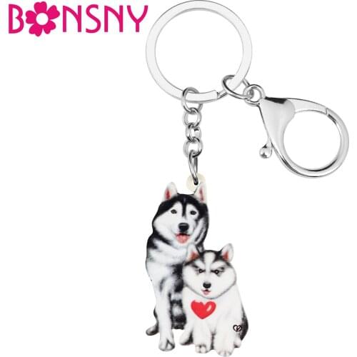 BONSNY Mothers Day Acrylic Cute Puppy Husky Dogs Keychains Ring Novelty Key Chain Fashion Pets Jewelry For Women Girls Gifts