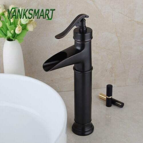 YANKSMART Oil Rubbed Bronze Bathroom Faucet Single Handle Basin Sink Faucets Waterfall Deck Mounted Cold & Hot Water Mixer Tap