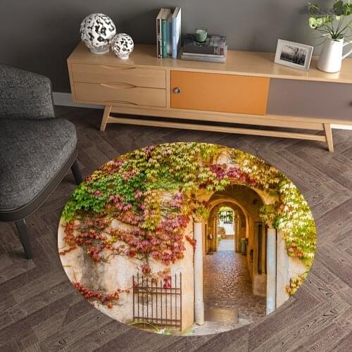 Flower Street Scenery 3D Printing Round Floor Mat Living Room Decoration Flower Wall Printing Bedroom Non-slip Flannel Carpet
