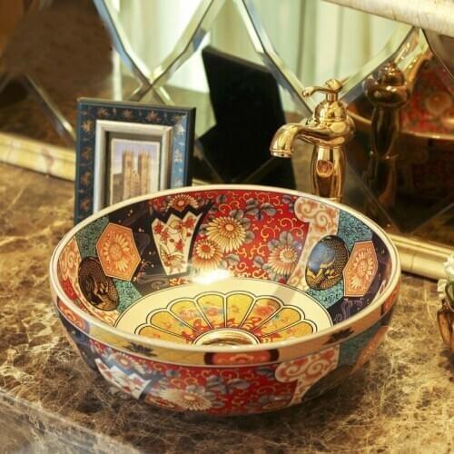 Western Antique Style Ceramic Colored Bathroom Luxury Basin Wash Bowl Sink