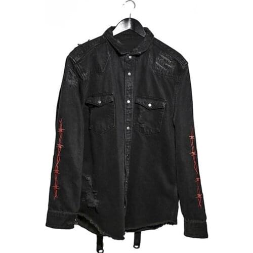 New retro Harajuku black skull denim jacket mens rock punk heavyweight sweatshirt hole streetwear