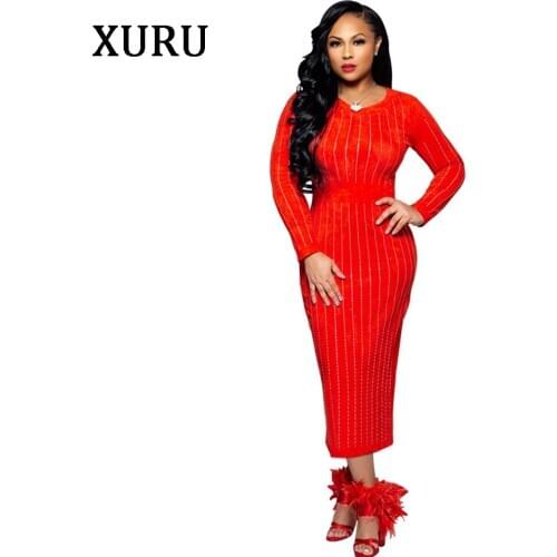 XURU New Hot Winter Dress Long Sleeve Sexy Hot Drill Dress Black Red Blue S-3XL Large Size Dress