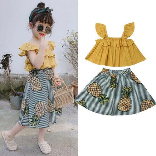 1-5T 2pcs Girls Clothing Set Yellow Sleeveless Sling Kids Tops Floral Skirts For Girls Outfits Children Suit Girls Sets Clothing