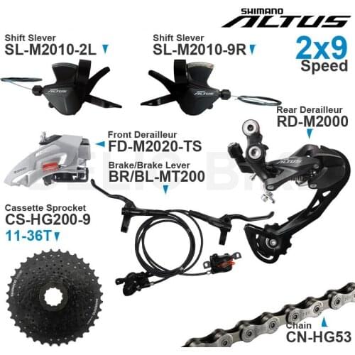 SHIMANO ALTUS M2000 2x9 Speed Groupset include M2010 Shifters M2020 Front Derailleur M2000 Rear MT200 Brake Cassette Sprocket