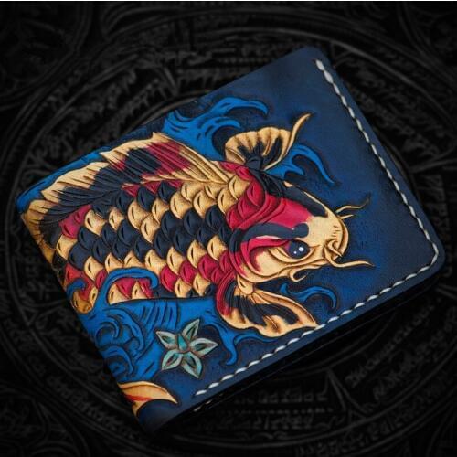 Hand Engraving Short Cow Leather Hand Carved Colour Carp Wallets Purses Men Clutch Vegetable Tanned Leather Wallet Card Holder