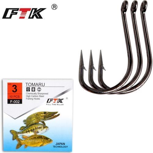 FTK 1Pack of Barbed Eyed Tomaru Fishing Hooks From Japan for Perch Pike Carp Fishing Barbed 10PCS/LOT Size3#-Size12# Wide Gap
