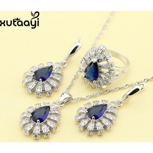 XUTAAYI Silver Women Fashion Party Water Drop Jewelry Blue Cubic Zirconia White Crystal Earrings Necklace Pendant Rings