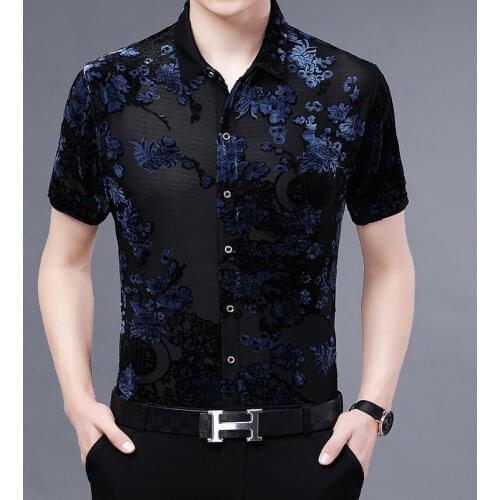 High Quality 2021 Velvet Shirt For Men Party Wedding Blue Red Flower Shirt Short Sleeve Spring Summer Plus Size Dance Shirt