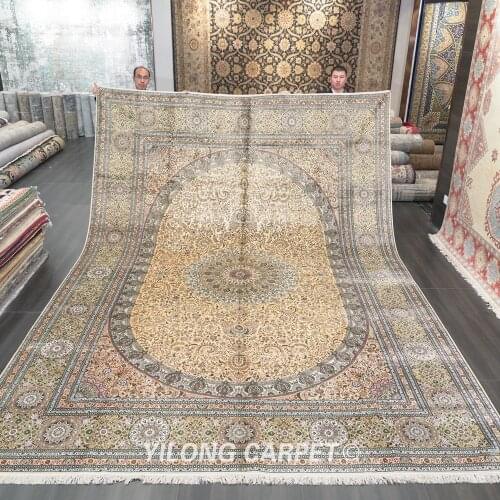 Yilong 10'x14' oriental persian floral silk rug classic home decoration beige silk handknotted carpet (ZW002M10x14)