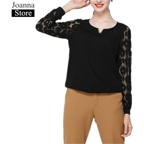 Spring Lace Stitching Short T-Shirts Women V-neck Hollow Out Long Sleeve Vintage Elegant Tops Black Plus Size Loose Wild Clothes