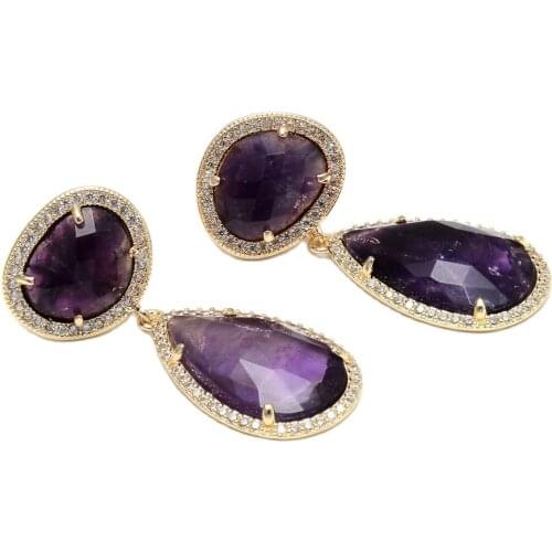 GG Jewelry Natural Purple Faceted Carven Waterdrop Amethyst Gold Plated CZ Paved Amethysts Stud Earrings For Women