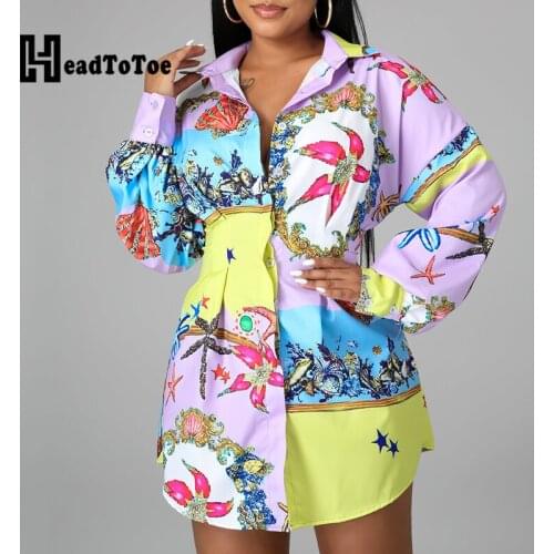 Floral Print Colorblock Long Sleeve Casual Shirt Dress Women