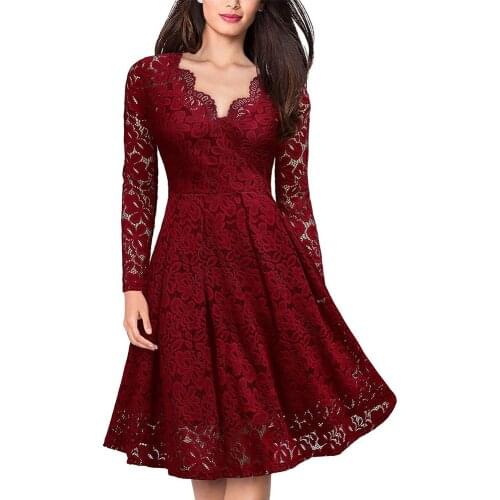 Women Party Dress Elegant V-neck Lace Long Sleeve Red Slim Casual Bodycon Dresses Plus Size 3X LFemale Ladies Summer Dress