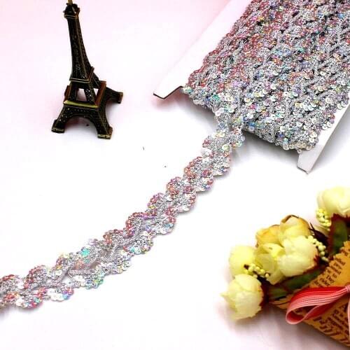 6.5 Yards Sequined Braid Ribbon Lace Applique Laser Gold Silver Flower Apparel Sewing Trims Accessories 2.6CM 13 Yds/Lot