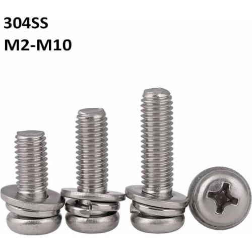 304 Stainless Steel Pan Head Phillips Screws A2 Round Head Screw/Bolts With Flat Spring Washer Gasket Combination M2 M2.5 M3-M10