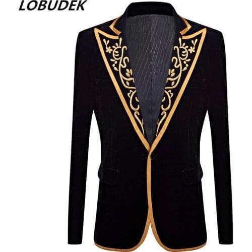 England Style Vintage Embroidery Tuxedo Mens Wedding Groom Court Blazers Evening Party Bar Male Singer Host Velvet Sui Jacket