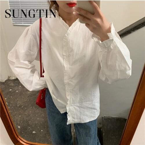 Sungtin New 2021 Women Spring Summer Blouses Shirts Korean Stand Collar Stylish Vintage Oversize Elegant Lady Tops Fashion 2021