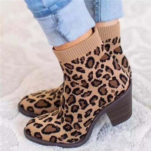 Autumn Winter Knitted Sock Boots Elastic Stretch Shoes Woman Ankle Boots Fashion Leopard Print Square Heels Ladies Booties Shoes