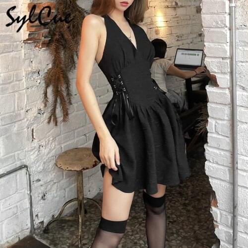 Sylcue 2021 Summer black print backless dress laced up waist tied show a slimming bouffant skirt Christmas party night dress