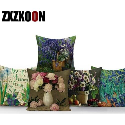 Polyester Decorative Throw Pillows Case Oil Painting Flower Floral Pillow Cushion Cover for Sofa Home Living Room Pillowcase