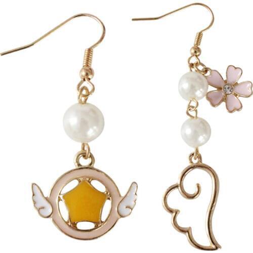 Enamel Star Angel Wings Cherry Blossom Imitation Pearls Cosplay Long Dangle Earrings For Girls Card Captor Sakura