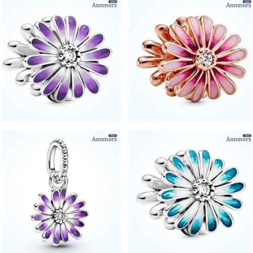 Enamel Daisy Flower Bead Charm Women 925 Sterling Silver Fit Pandora Original Bracelet Charm Jewelry Bunch Pendant Sliver Stone