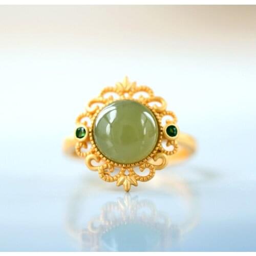 Natural Hetian Jade Gray Jade round Hollow Flower Ring Sterling Silver Gilding S925 Garland Opening Ring Accessories Women