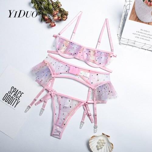 YiDuo Lace Hollow Out Sexy Bra And Panties Set Bright Stars Girls Heart Underwear Suit Contrast Sequin Mesh Garter Lingerie Set