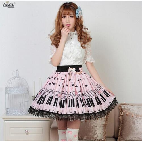 Sweet Princess Lolita Lace Skirts Womens Pink Blue Keyboard Cat Printed Polyester Lolita Lady Lace Pleated Half Skirts