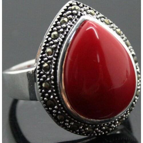 Fashion jewelry wholesale 25x20mm Red Carved Lacquer Inlay Marcasite 925 Sterling Silver Drop Ring Sz 7-10