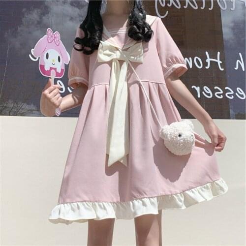 Japanese Summer Lolita Sweet Dress Soft Girl Cute Navy Collar Bow Loose Dress High Waist Women Puff Sleeve Pink Kawaii Dresses
