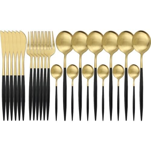 24Pcs Black Gold Matte Dinnerware Set Knife Fork Spoon Silverware Cutlery Set Stainless Steel Flatware Tableware Set