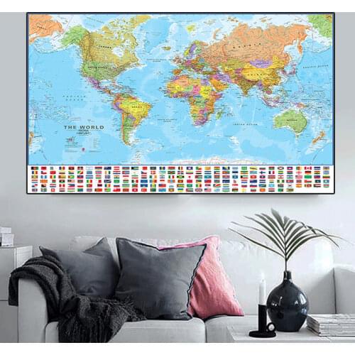 225*150cm The World Political Map with National Flags Non-woven Canvas Painting Large Poster School Supplies Home Decoration