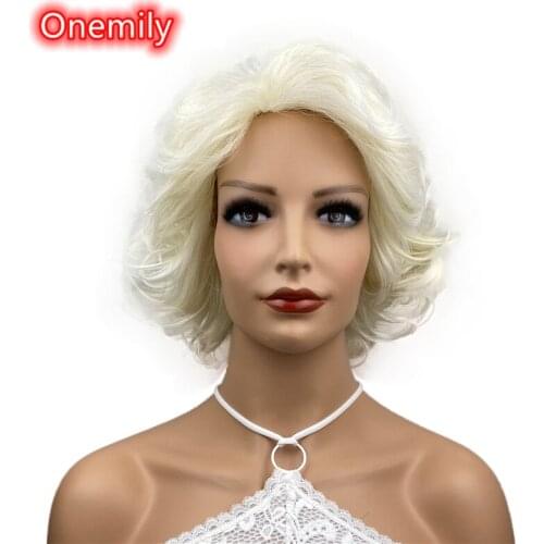 Onemily Short Wavy Wave Curly Heat Resistant Synthetic Hair Wigs for Women Girls Party Evening Out Pale Blonde